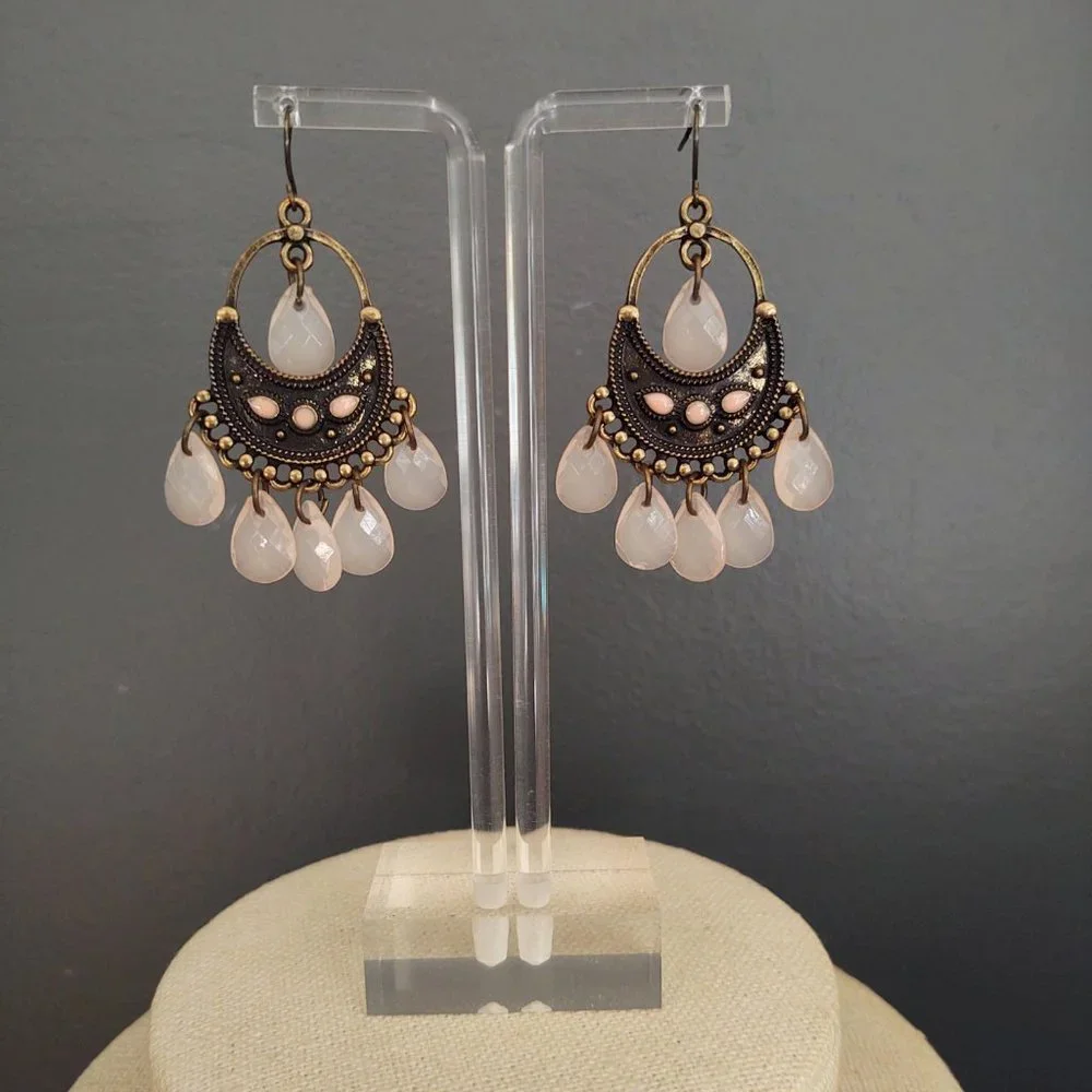 Antique gold, pink enamel and pink dangle beaded earrings